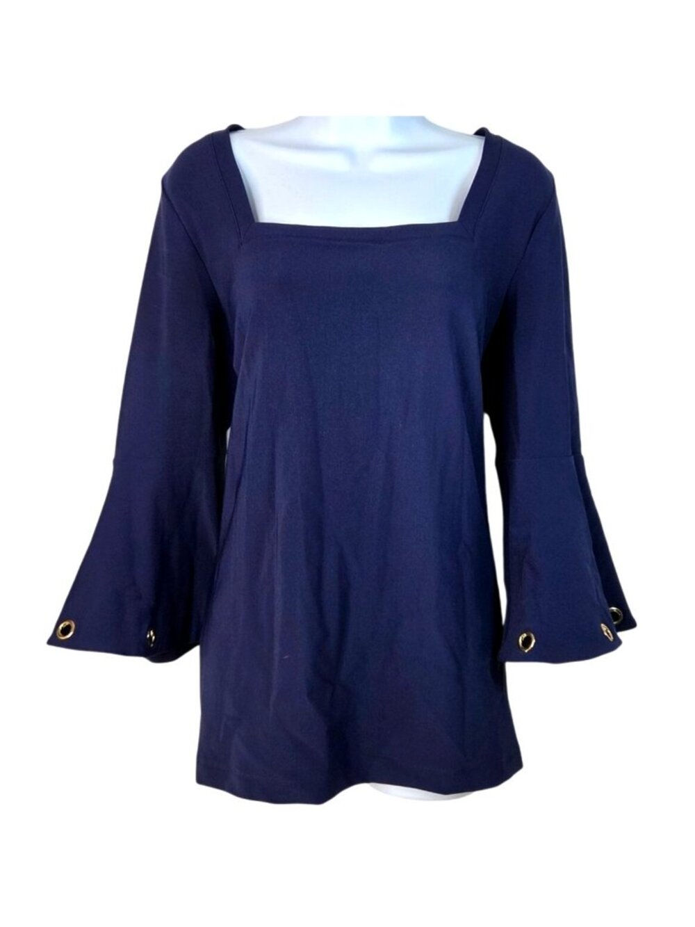 Boston Proper Navy Bell Sleeve Top W/ Gold Eyelet Details Size L